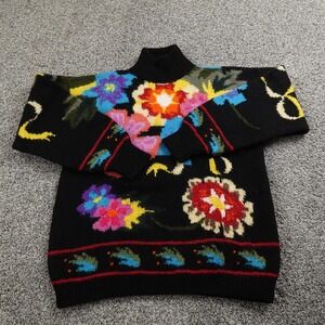 VTG Floral Sweater Womens M Black Art Knit Worsted Wool Pullover‎ Turtleneck 90s
